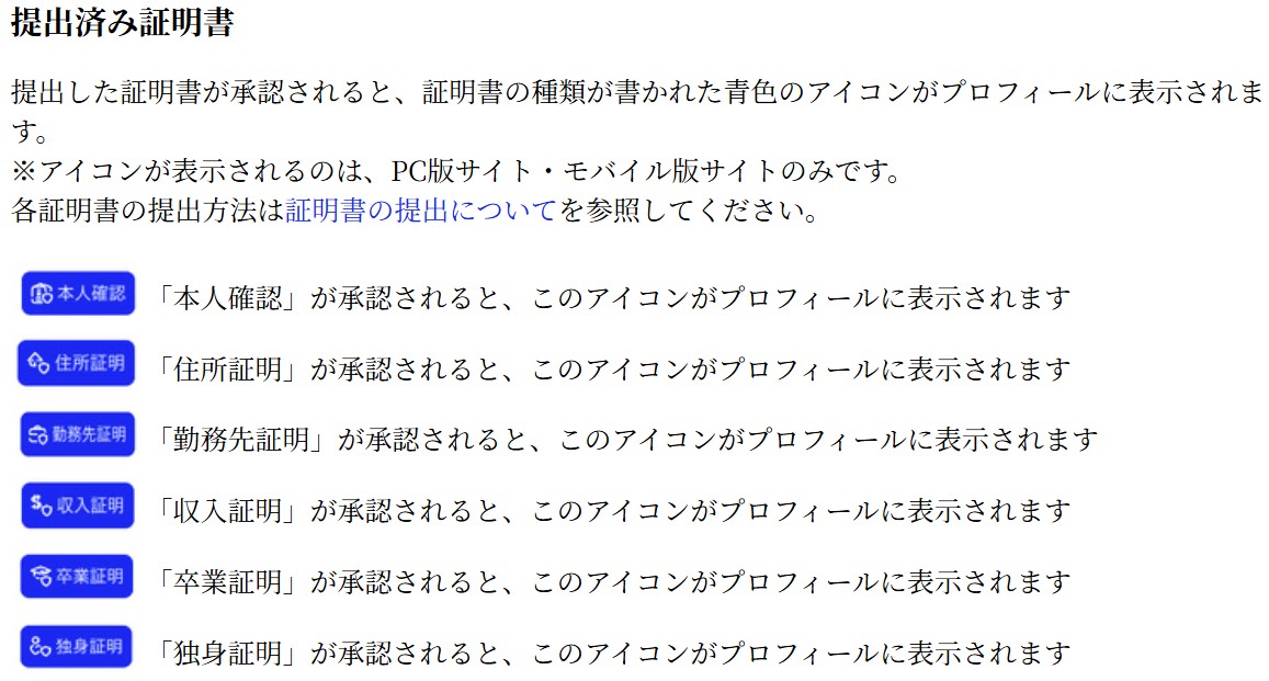 Match（マッチドットコム）の証明書提出機能